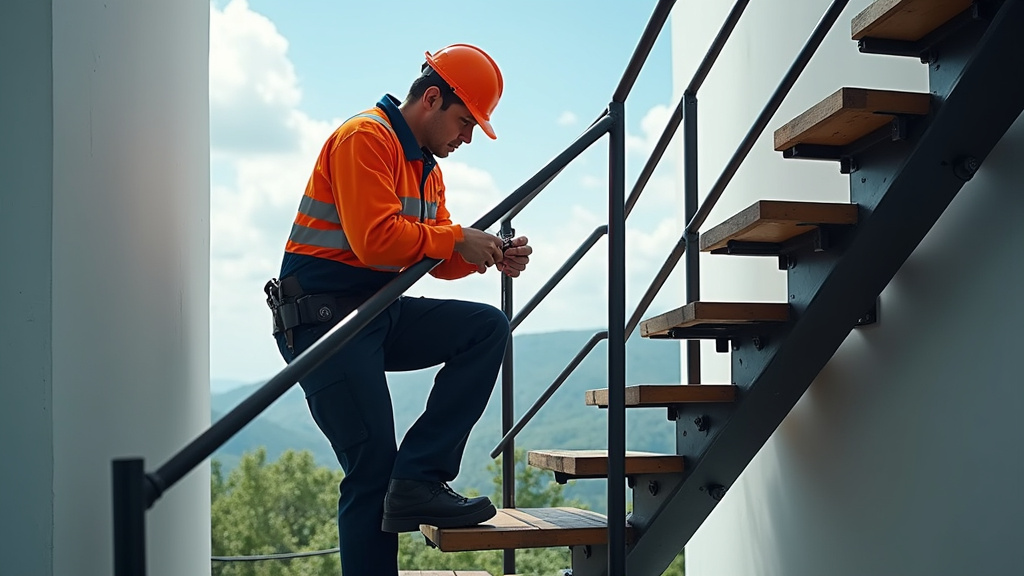 Technicien effectuant un entretien de routine sur un monte-escalier dans les Vosges