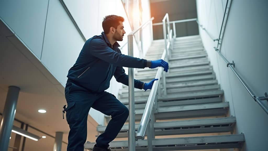 Technicien effectuant un entretien sur un monte-escalier à Escoutoux