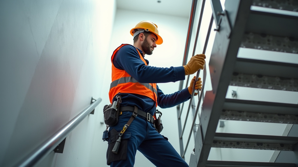 Technicien effectuant une maintenance annuelle sur un monte-escalier à Cébazat