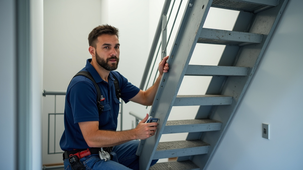 Technicien effectuant une maintenance sur un monte-escalier à Brières-les-Scellés