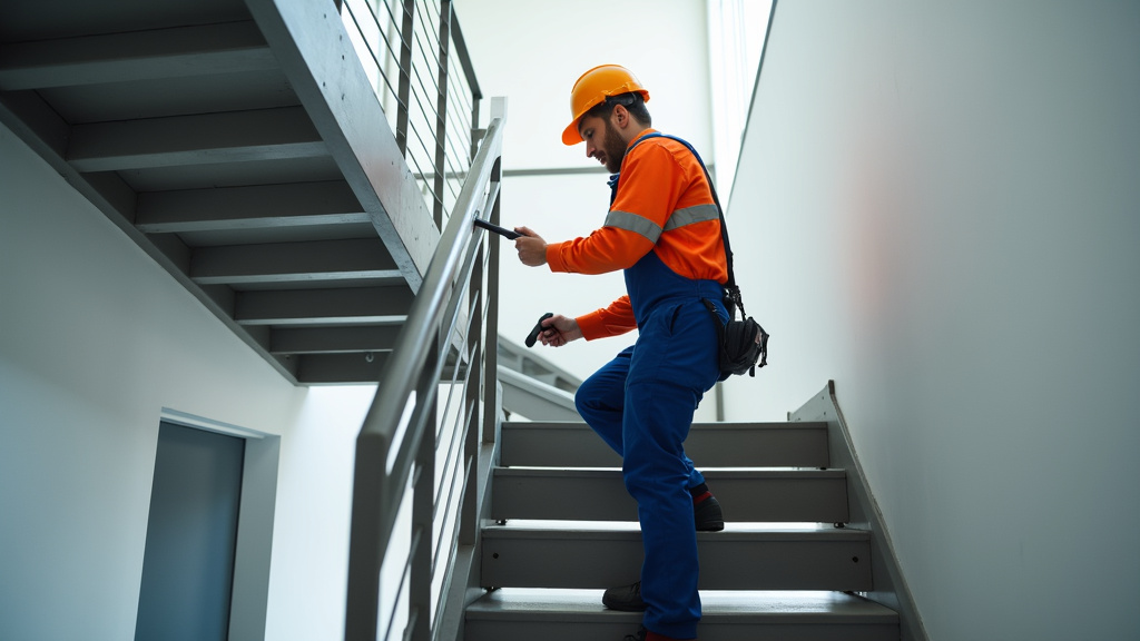 Technicien effectuant une maintenance sur un monte-escalier à Mettray