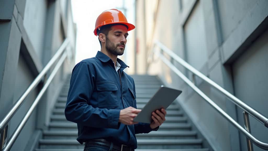 Technicien en combinaison vérifiant le bon fonctionnement d’un monte-escalier à Nieul-lès-Saintes