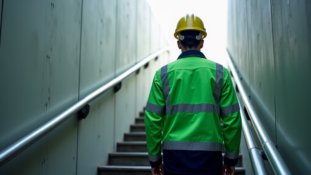 Technicien en combinaison verte en train de vérifier un monte-escalier à Saint-Folquin