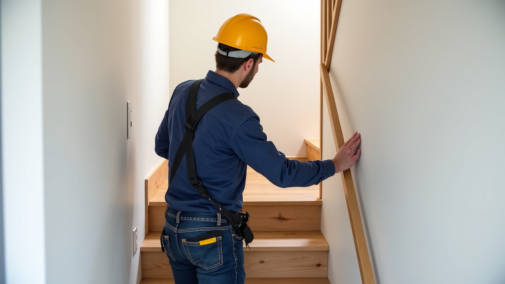 Technicien en tenue professionnelle installant un monte-escalier dans une maison à Soulgé-sur-Ouette