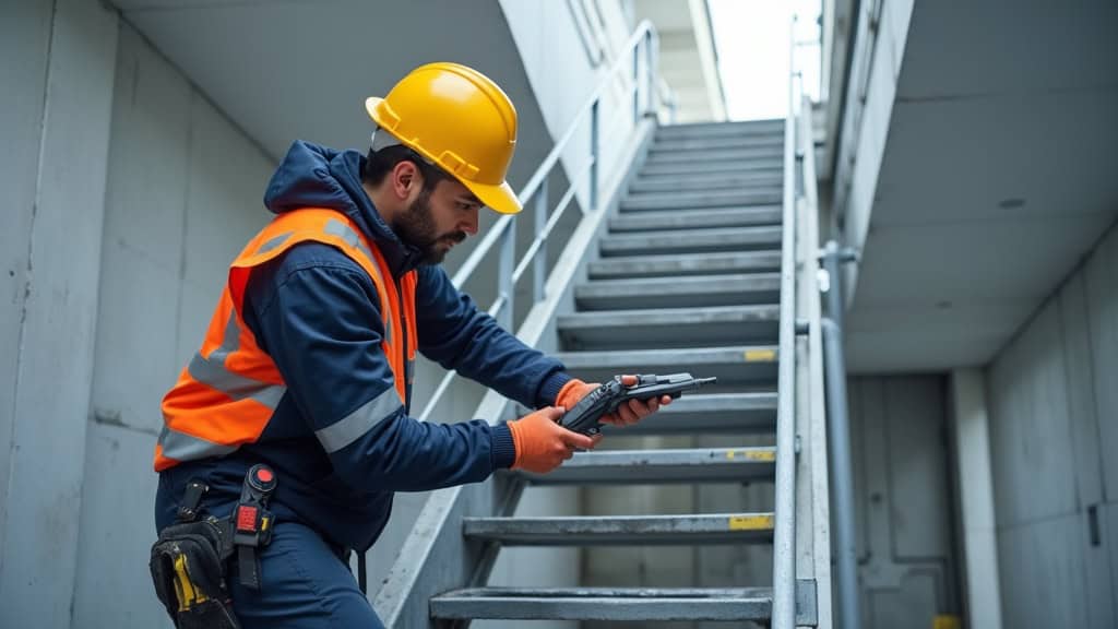 Technicien en train de faire la maintenance d’un monte-escalier à Brem-sur-mer