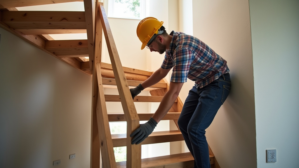 Technicien en train de fixer un rail de monte-escalier sur des marches en bois à Lusigny-sur-Barse