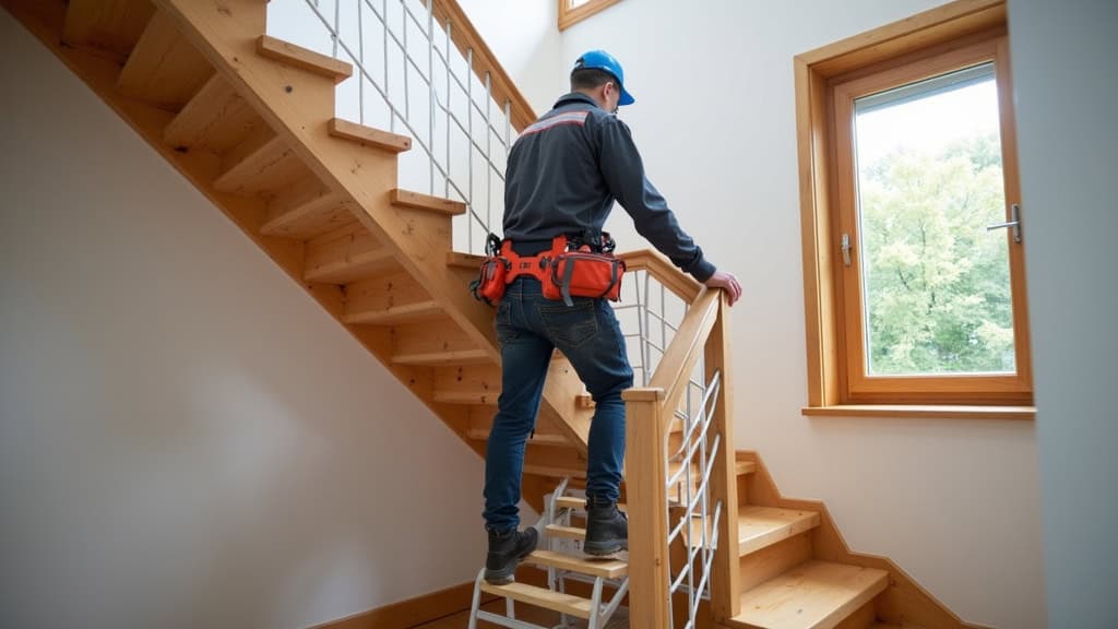Technicien en train de fixer un rail de monte-escalier sur un escalier en bois à Massay