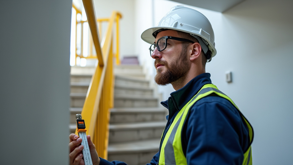 Technicien en train de mesurer et fixer un monte-escalier sur les marches à La Maxe