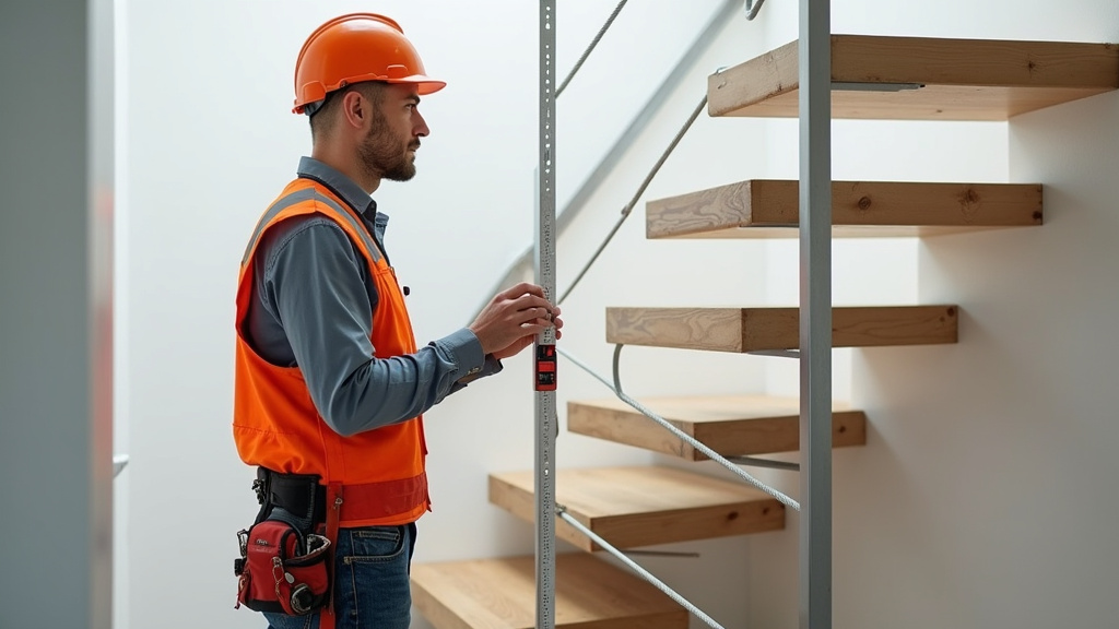 Technicien en train de mesurer un escalier à Bonnieux pour un monte-escalier sur mesure