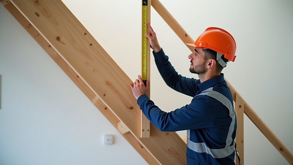 Technicien en train de mesurer un escalier à Courcelles-sur-Seine pour un devis de monte-escalier
