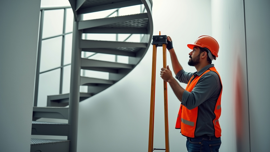 Technicien en train de mesurer un escalier à Épiniac pour une étude de montage