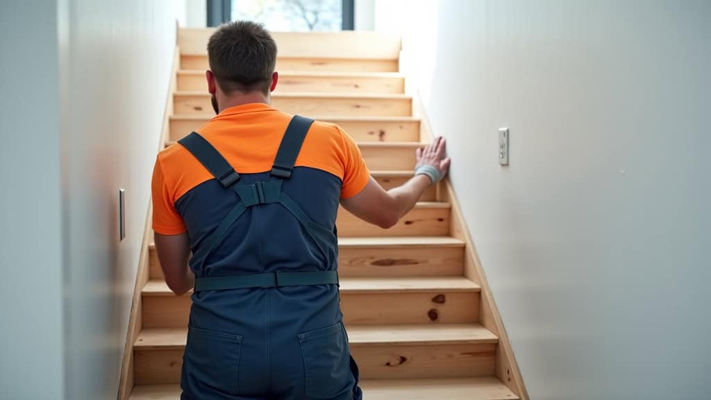 Technicien en train de mesurer un escalier à Incarville pour l’installation d’un monte-escalier sur mesure