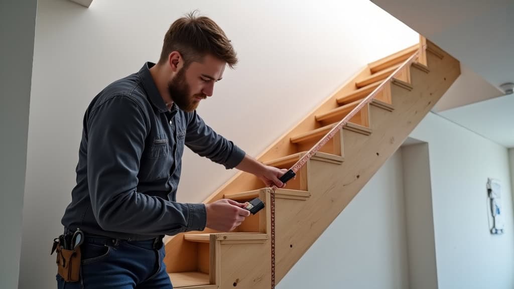 Technicien en train de mesurer un escalier à Lamasquère pour l’installation d’un monte-escalier sur mesure