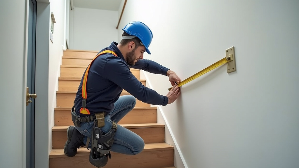 Technicien en train de mesurer un escalier à Le Rheu pour installation de monte-escalier