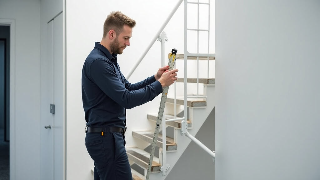 Technicien en train de mesurer un escalier à Linars pour une étude personnalisée avant installation