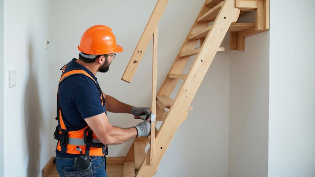 Technicien en train de mesurer un escalier à Melrand pour une installation de monte-escalier