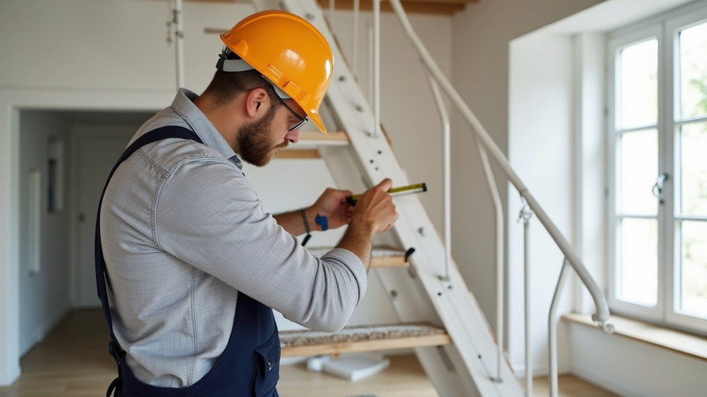 Technicien en train de mesurer un escalier à Montanay pour installation