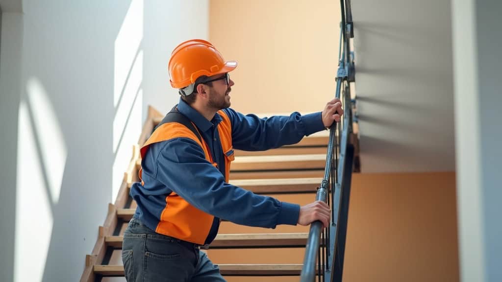 Technicien en train de mesurer un escalier à Orchamps-Vennes pour installation