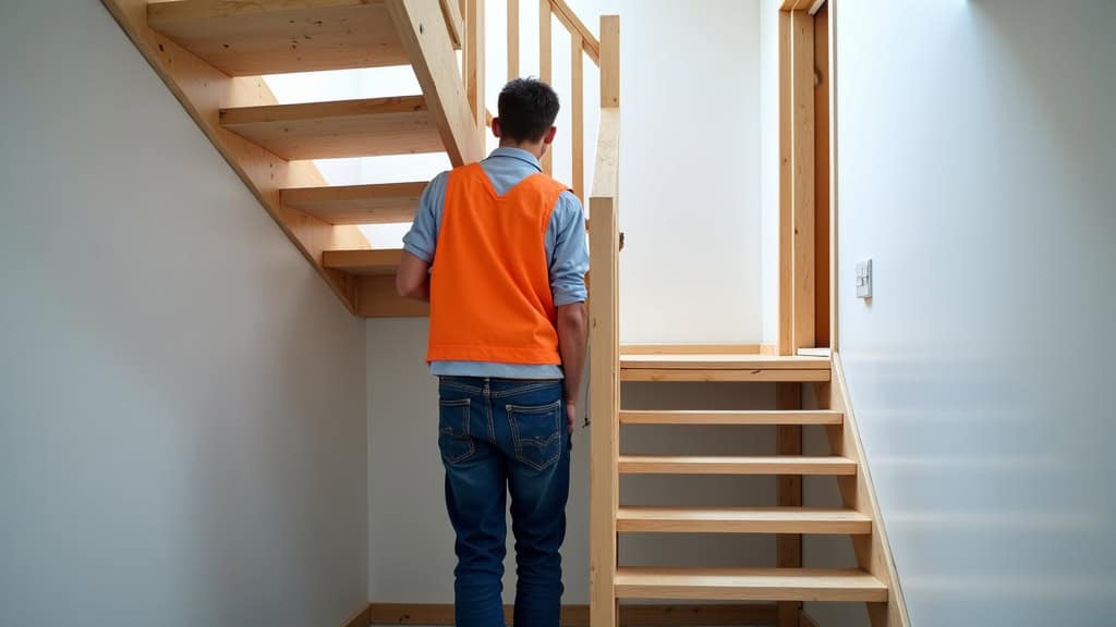 Technicien en train de mesurer un escalier à Saméon pour un monte-escalier