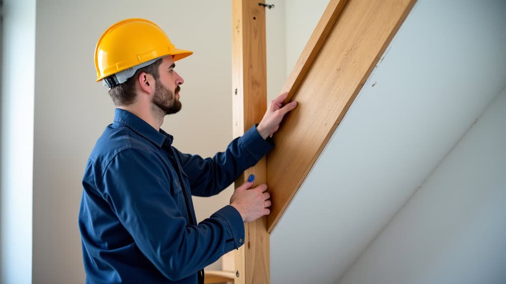 Technicien en train de mesurer un escalier à Tenay pour l’installation d’un monte-escalier