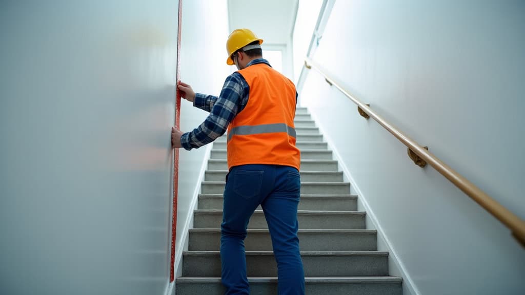 Technicien en train de mesurer un escalier à Warhem lors d