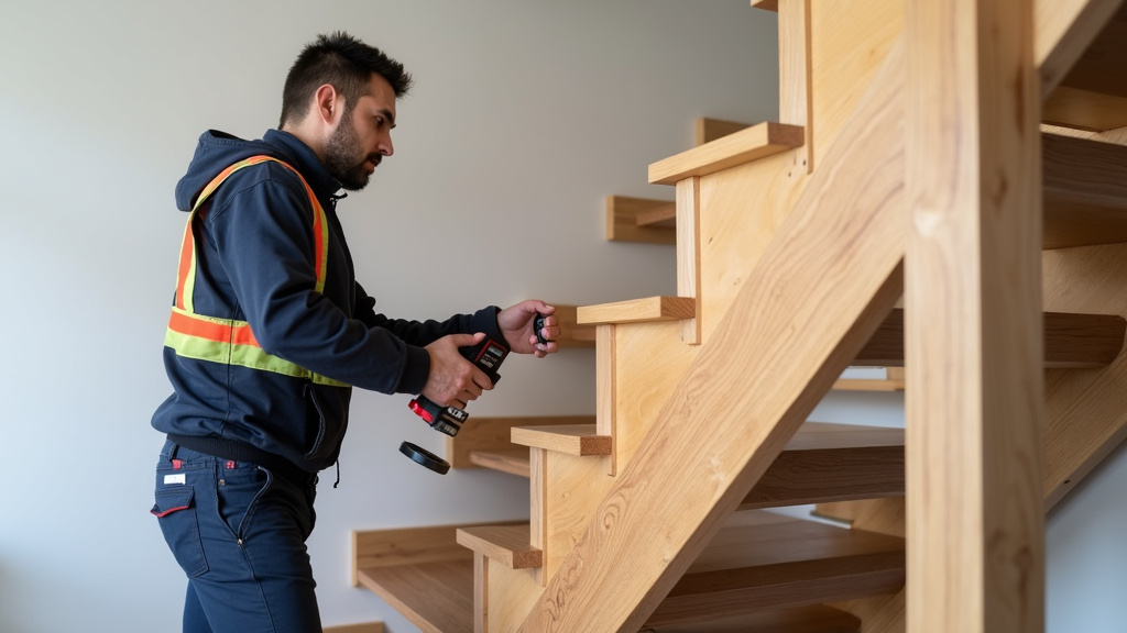 Technicien en train de mesurer un escalier en bois à Izon avec un laser, prêt à installer un monte-escalier sur mesure