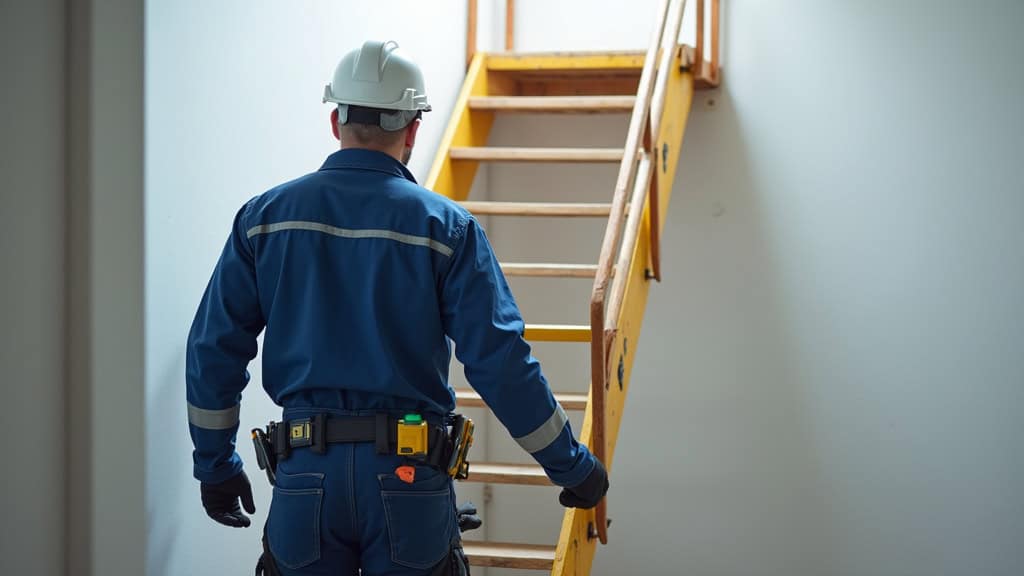 Technicien en train de mesurer un escalier en colimaçon pour l