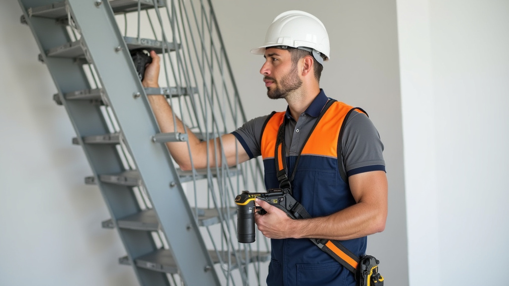 Technicien en train de mesurer un escalier pour installation de monte-escalier à Cunac