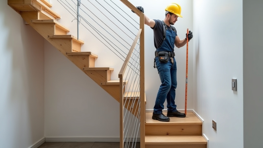 Technicien en train de mesurer un escalier pour installation de monte-escalier à Jausiers