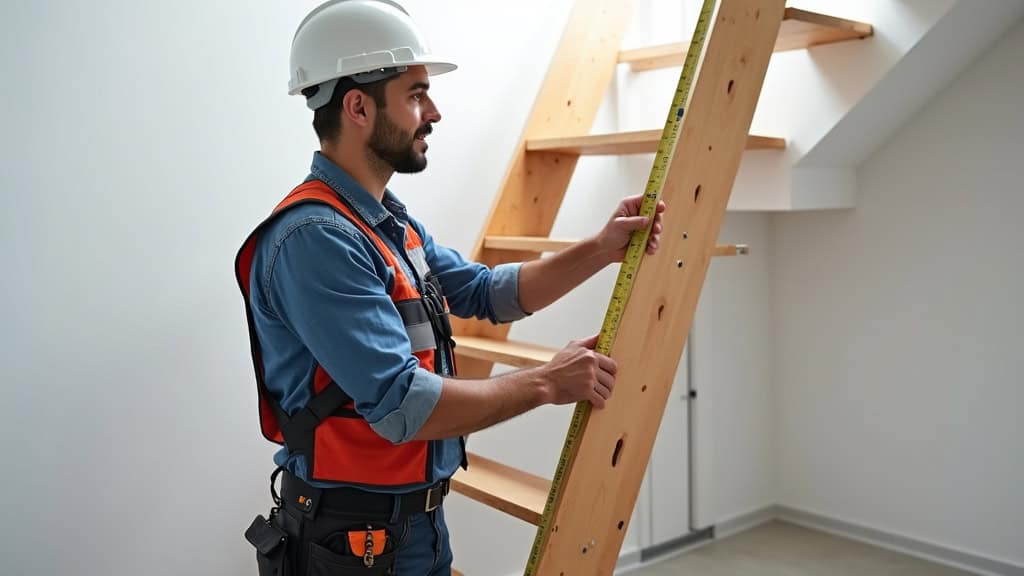 Technicien en train de mesurer un escalier pour installation de monte-escalier à Maulévrier