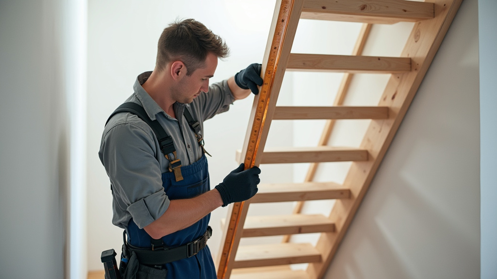 Technicien en train de mesurer un escalier pour installation de monte-escalier à Mornac