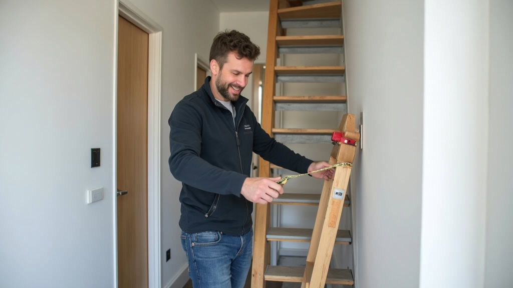 Technicien en train de mesurer un escalier pour installation de monte-escalier à Ohain