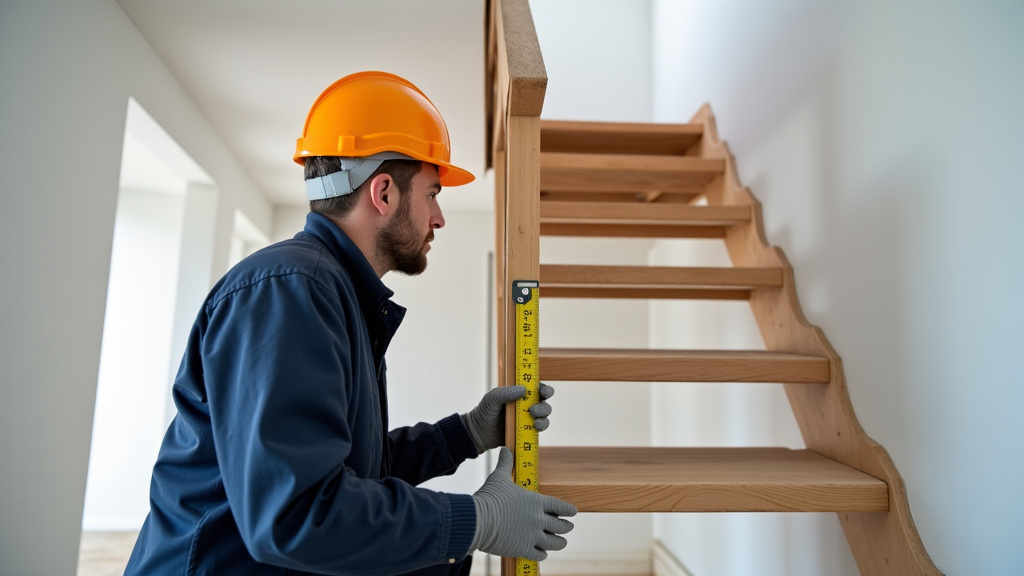 Technicien en train de mesurer un escalier pour installation de monte-escalier à Senouillac