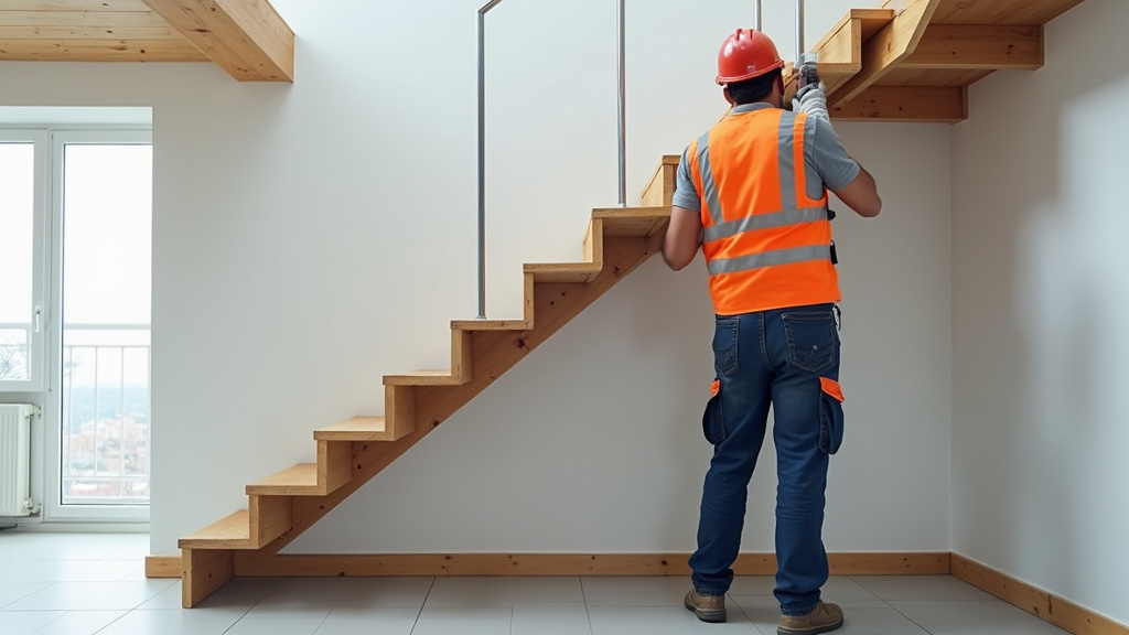 Technicien en train de mesurer un escalier pour installation d’un monte-escalier à Darvoy