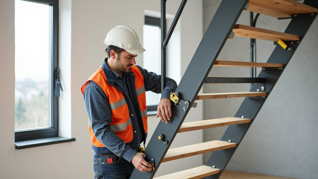 Technicien en train de mesurer un escalier pour installation d’un monte-escalier à Ham-sous-Varsberg