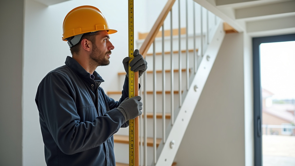 Technicien en train de mesurer un escalier pour installation monte-escalier à Auneau-Bleury-Saint-Symphorien