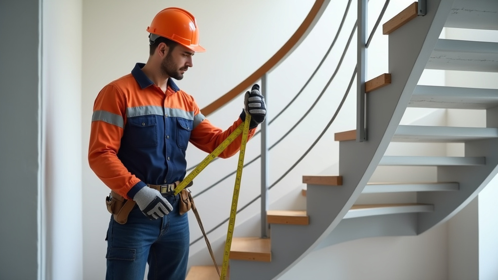 Technicien en train de mesurer un escalier pour l’installation d’un monte-escalier à Donchery
