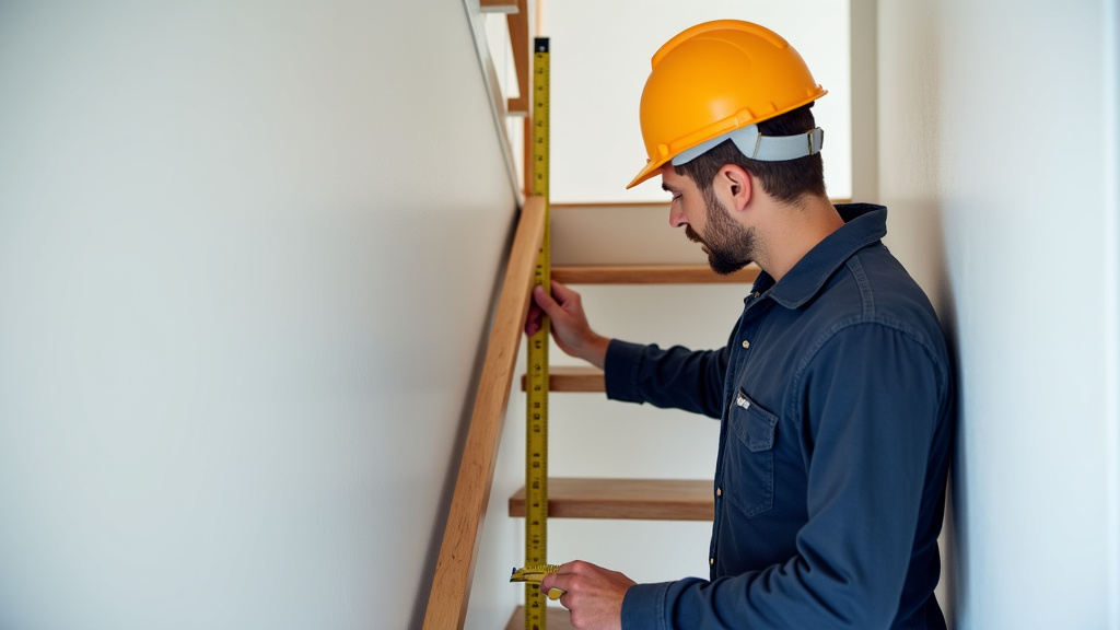 Technicien en train de mesurer un escalier pour l’installation d’un monte-escalier à Troarn
