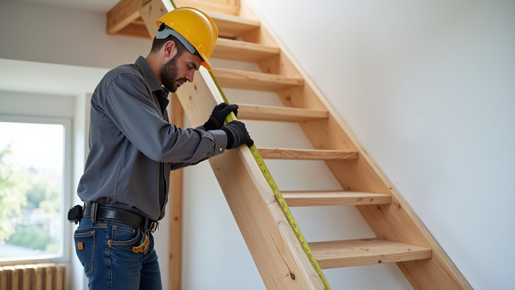 Technicien en train de mesurer un escalier pour monter un monte-escalier à Finhan