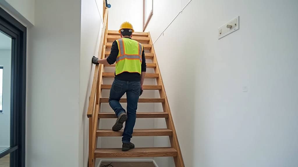 Technicien en train de mesurer un escalier pour pose de monte-escalier à Lanrivoaré