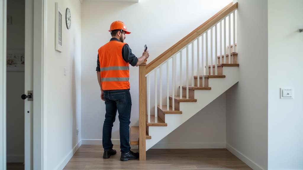 Technicien en train de mesurer un escalier pour un devis à Fontenay-sur-Eure