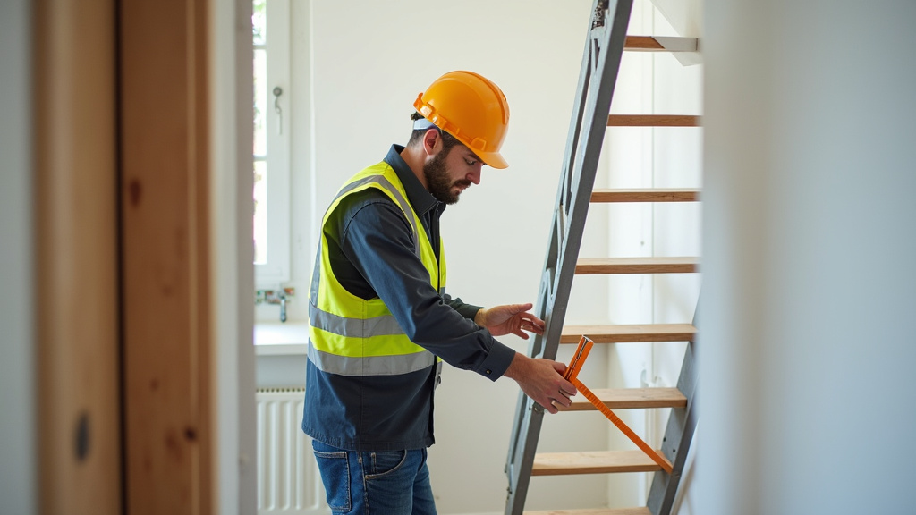 Technicien en train de mesurer un escalier pour un monte-escalier à Béruges