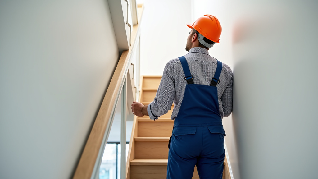 Technicien en train de mesurer un escalier pour un monte-escalier sur mesure à La Saussaye