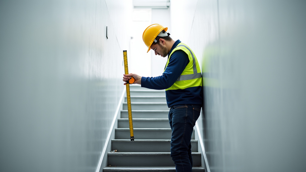 Technicien en train de mesurer un escalier pour une étude de faisabilité à Les Échelles