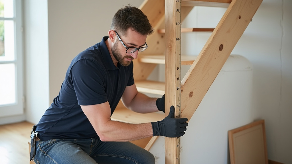 Technicien en train de mesurer un escalier pour une étude personnalisée à Châteauneuf-de-Galaure