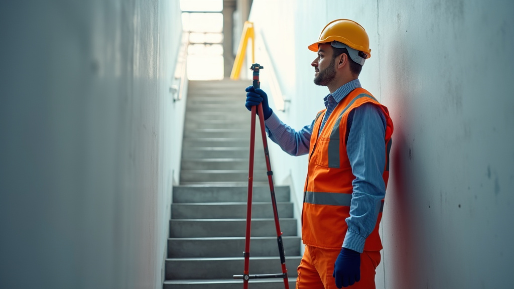 Technicien en train de mesurer un escalier pour une étude technique à Espeluche