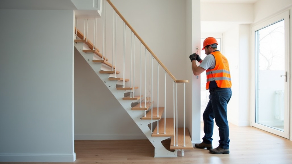 Technicien en train de mesurer un escalier pour une installation à Annecy