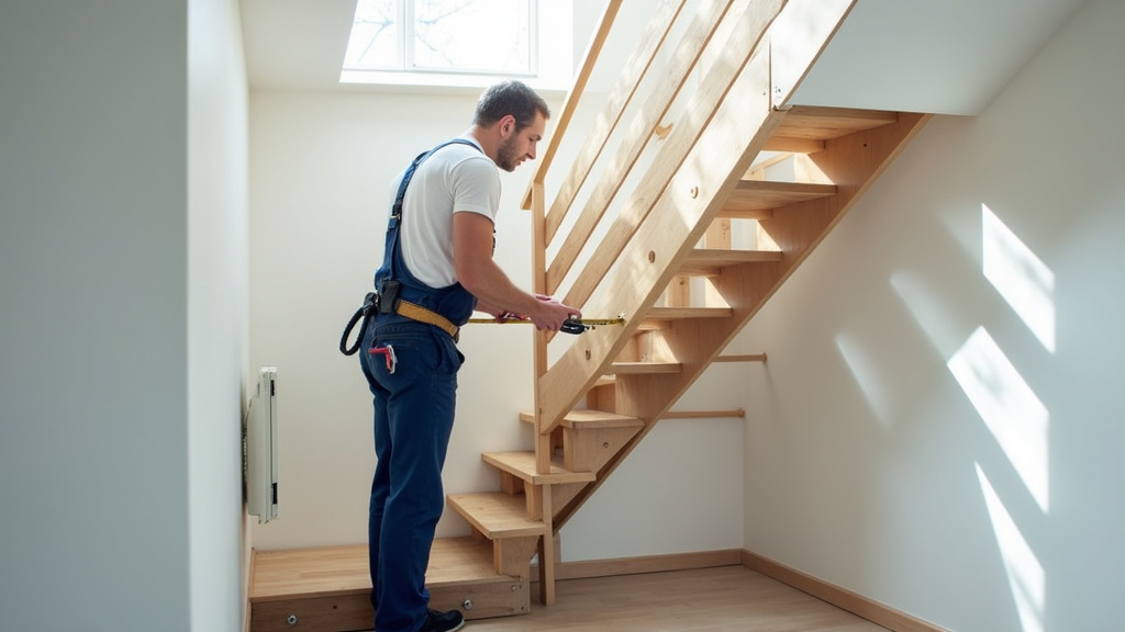 Technicien en train de mesurer un escalier pour une installation à La Gouesnière