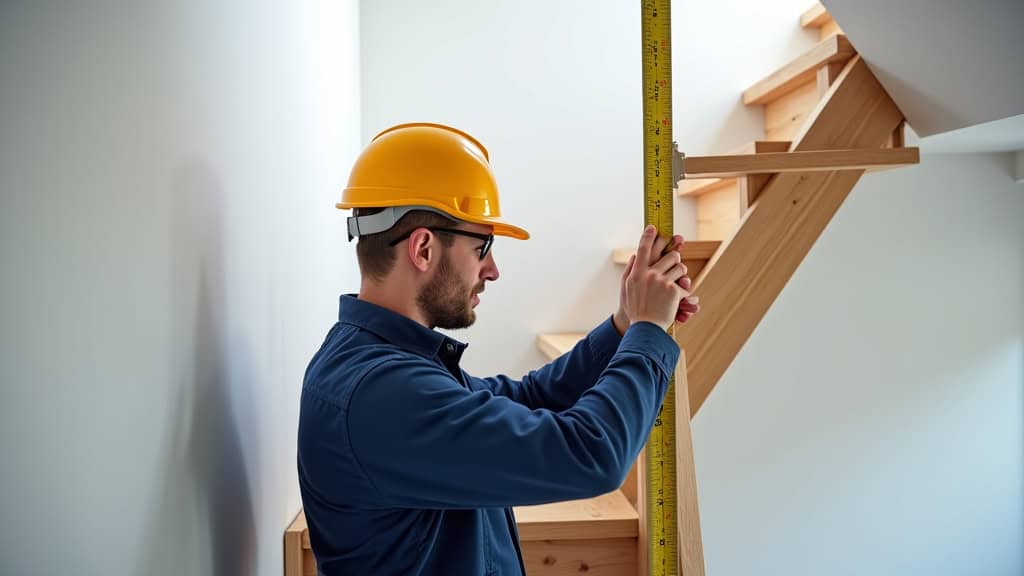 Technicien en train de mesurer un escalier pour une installation de monte-escalier à Béning-lès-Saint-Avold