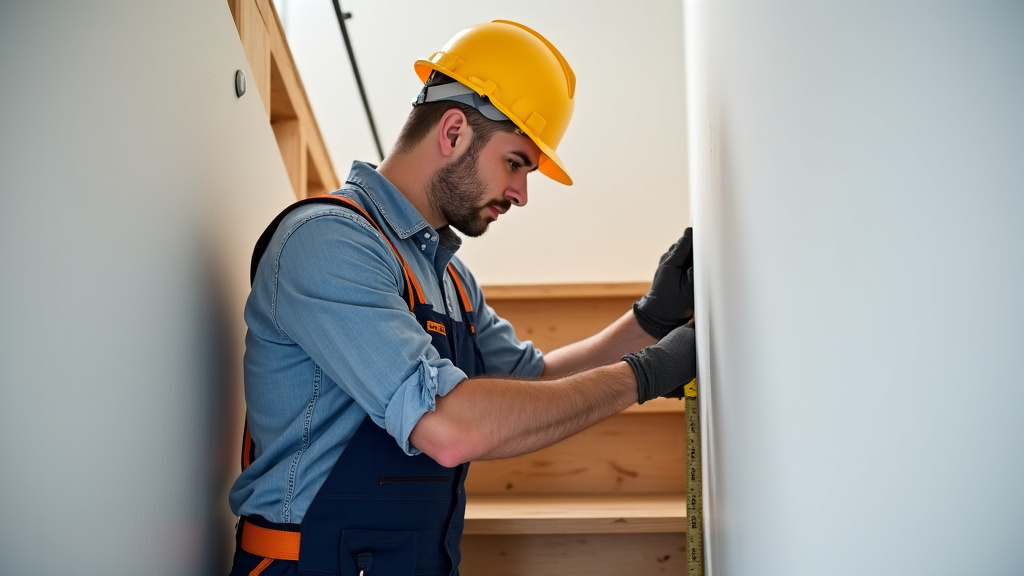 Technicien en train de mesurer un escalier pour une installation de monte-escalier à Cadillac-sur-Garonne